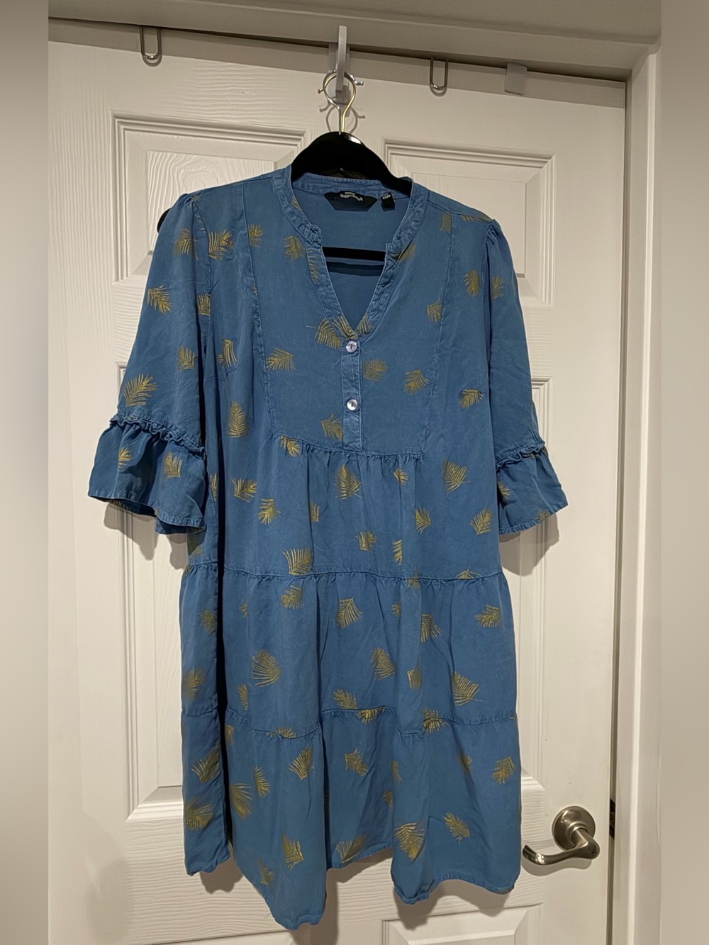 Mlle Gabrielle Blue Tiered V-Neck Midi Dress with Gold Leaf Motif